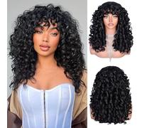 Lizzyhair Perruque bouclée avec frange pour femme noire - Longue perruque afro bouclée - Cheveux synthétiques volumineux et moelleux - Sans colle - Pour cosplay et usage quotidien - 43,7 cm (noir)