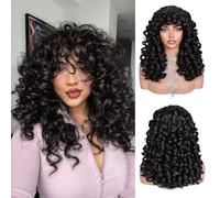 Lizzyhair Perruque bouclée avec frange pour femme noire - Longue perruque afro bouclée - Gros cheveux synthétiques rebondis et moelleux - Sans colle - Pour cosplay et usage quotidien - 43,7 cm