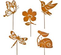 Ljevandria Décoration de jardin rouillée 5 pièces Piquets de jardin en métal Papillon Décoration de jardin pour l'extérieur Décoration rouillée Acier patiné Piquets à fleurs Décoration Printemps Été