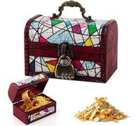 LjFrexia Vintage Mini Coffre Trésor Boite Bois, Coffre au Trésor en Bois avec Serrure à Combinaison, Petit Coffre de Pirate, Tirelire, Boîte à Bijoux, pour conservation et décoration, Coloré