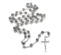 ljhnba Collier chapelet catholique fleurs roses prière perlée longue chaîne pendentif croix bijoux religieux pour femmes fille Souvenirs collier croix
