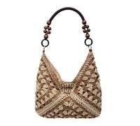 LJISEHG Sac à main à la mode, couleur de collision rétro, sac tissé creux de grande capacité, voyage de loisirs, sac de vacances sur la plage(Off-whitewithkhaki)