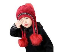 LJRPUPY Bonnet d'hiver péruvien avec cache-oreilles épais, bonnets de ski en tricot doublé en polaire pour filles de 3 à 12 ans, Rouge, Taille unique