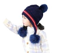 LJRPUPY Bonnet d'hiver péruvien avec cache-oreilles épais, bonnets de ski en tricot doublé en polaire pour filles de 3 à 12 ans, bleu marine, Taille unique