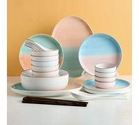 LJTHUU Service de Table, Service de Table en céramique, Coffret Cadeau 30 pièces, Ensemble de Vaisselle combiné, Assiettes en Porcelaine à Motif Arc-en-Ciel et Bols à céréales pour W