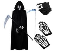 LJTXX Deguisement Faucheuse, 4 PCS Halloween Costume Cape à Capuche avec Masque de Crâne Gants Squelette Outil, Déguisement Vampire Cape du Faucheur pour la Halloween Mascarade Cosplay Carnaval