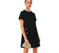 LJYAUTO Robe Mod Années 60 Femme 2024 Tweed Élégante Formelle Col Rond Mini Robe Vintage Bouton Manches Courtes Coupe Évasée (XXL, Noir)