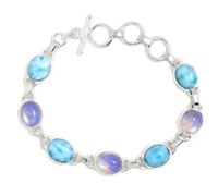 LKBEADS Bracelet en larimar et pierre de lune, perles ovales de 7 x 9 mm, taille lisse, fermoir plaqué argent, 17,8 cm, pour hommes et femmes | LK_STACK_08136
