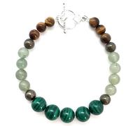 LKBEADS Bracelet en pyrite, aventurine verte, œil de tigre et malachite, perles rondes de 8 mm, taille lisse, fermoir plaqué argent de 17,8 cm, pour hommes et femmes | LK_STACK_08441