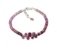 LKBEADS Bracelet en tourmaline rubellite, perles facettées de 3 à 3,5 mm, forme rondelle, 17,8 cm, fermoir plaqué argent réglable, pour hommes et femmes | LK_STACK_05887