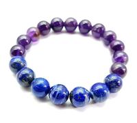 LKBEADS Bracelet extensible en perles d'améthyste et de lapis-lazuli naturels de 8 mm, coupe lisse, multicolore, 18 cm (7 pouces), unisexe, porte-bonheur | L_STBC_00482_7