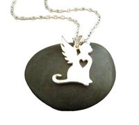 LKBEADS Collier ange chat en argent sterling 925, pendentif commémoratif en forme de cœur découpé, breloque féline, souvenir animal, bijou simple et délicat | avec chaîne de 45 cm | plaqué argent |