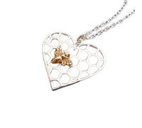 LKBEADS Collier cœur nid d'abeille en argent sterling 925 avec une abeille en bronze. Petit pendentif nature. Breloque insecte. Petite abeille. Cadeau jardinier | Chaîne de 45 cm | Plaqué bicolore |