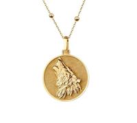 LKBEADS Collier en argent sterling 925 24 mm | Chaîne de 45 cm | Loup hurlant pour femme | Pendentif loup | Breloque disque loup délicat | Médaillon loup pièce | Plaqué or | 00532