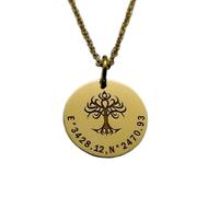 LKBEADS Collier en argent sterling 925 25 mm | Chaîne de 45 cm | Pendentif coordonnées | Breloque de localisation | Pendentif coordonnées arbre généalogique | Disque gravé GPS | Plaqué or | 00901