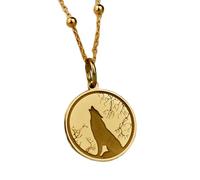 LKBEADS Collier en argent sterling 925 28 mm | Chaîne de 45 cm | Breloque disque loup hurlant | Pendentif pièce gravée loup hurlant animal sauvage | Bijou délicat loup | Plaqué or | 00843