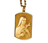 LKBEADS Collier pendentif 3D en argent sterling 925 représentant une médaille pour chien Sainte Thérèse, de forme rectangulaire, avec chaîne câble de 45 cm plaquée or | LKD_3DM_00045