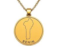 LKBEADS Collier pendentif carte du Bénin en argent sterling 925 plaqué or, 30 mm de diamètre, gravure du contour du pays, chaîne câble de 45,7 cm (18 pouces) | LKN_MAP_00891