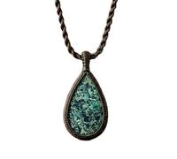 LKBEADS Collier pendentif en chrysocolle naturelle, forme poire, avec cordon en cuir et chaîne. Bijou fait main, puissant anti-stress, médaillon d'énergie positive | LK_SGMP_0423