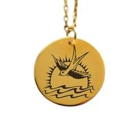 LKBEADS Collier pendentif hirondelle gravée, forme ronde, en argent sterling 925 plaqué or, avec chaîne maille forçat de 45 cm (18 pouces). Bijou fait main pour homme et femme | LKD_EGP_00089