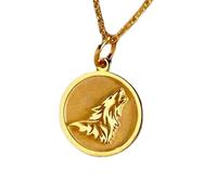 LKBEADS Collier pendentif loup 457 cm (18 pouces) | LK_NLC_01055 | Chaîne maille câble plaquée or médaillon rond loup hurlant 24 mm bijou symbole animalier cadeau