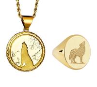 LKBEADS Collier pendentif loup hurlant et bague chevalière | LK_PCOM_0161 | Pendentif en argent sterling 925, 24 mm, plaqué or, avec breloque animal. Ensemble de bijoux symboliques.