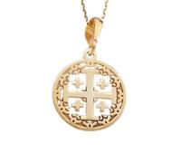 LKBEADS Collier pendentif minimaliste en argent sterling 925, croix de Jérusalem, forme ronde, chaîne câble de 45 cm, plaqué or, bijou symbolique | LKD_3DM_00284