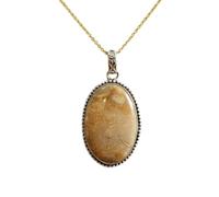 LKBEADS Collier pendentif ovale en argent sterling 925 et pierre précieuse de jade jaune naturel, avec chaîne forçat. Bijou fait main porte-bonheur et prospérité.| LK_SGMP_0137