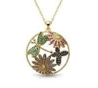 LKBEADS Collier pendentif papillon et fleur en argent sterling 925 plaqué or avec breloque ronde multi-pierres 28x28mm et chaîne câble de 45 cm (18 pouces). Bijou fait main |LK_SCA_0144