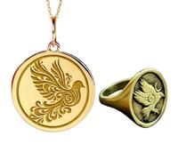 LKBEADS Collier pendentif phénix et bague chevalière | LK_PCOM_0409 | Pendentif en argent sterling 925, 24 mm, plaqué or, avec breloque oiseau. Ensemble de bijoux symboliques.