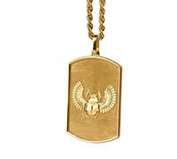 LKBEADS Collier pendentif pièce de monnaie gravée d'un scarabée égyptien (30 x 19 mm) avec chaîne corde française de 45,7 cm | Argent sterling plaqué or | Bijou unisexe | LK_PNDN_0553