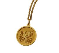 LKBEADS Collier pendentif pièce de monnaie gravée Phoenix 24 mm avec chaîne câble de 45,7 cm | Argent sterling plaqué or | Bijou unisexe | LK_PNDN_1281