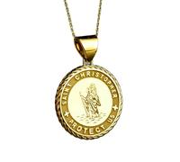 LKBEADS Collier pendentif pièce de monnaie gravée Saint Christophe 24 mm avec chaîne câble de 45,7 cm | Argent sterling plaqué or | Bijou unisexe | LK_PNDN_1418