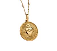 LKBEADS Collier pendentif pièce gravée du Sacré-Cœur de Jésus 24 mm avec chaîne câble de 45,7 cm | Argent sterling plaqué or | Bijou unisexe | LK_PNDN_1406
