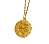 LKBEADS Collier pendentif pièce gravée fleur de pissenlit 24 mm avec chaîne câble de 45,7 cm | Argent sterling plaqué or | Bijou unisexe | LK_PNDN_0436