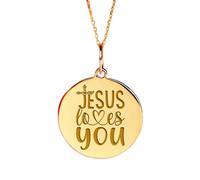 LKBEADS Collier pendentif pièce gravée « Jésus t’aime » 24 mm avec chaîne câble de 45,7 cm | Argent sterling plaqué or | Bijou unisexe | LK_PNDN_0876