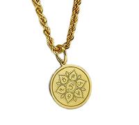 LKBEADS Collier pendentif pièce gravée lotus chakra 24 mm avec chaîne corde française de 45,7 cm | Argent sterling plaqué or | Bijou unisexe | LK_PNDN_0958