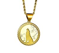 LKBEADS Collier pendentif pièce gravée Loup hurlant 24 mm avec chaîne corde française de 45,7 cm | Argent sterling plaqué or | Bijou unisexe | LK_PNDN_0804