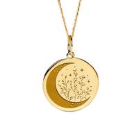LKBEADS Collier pendentif pièce gravée lune et fleurs 24 mm avec chaîne câble de 45,7 cm | Argent sterling plaqué or | Bijou unisexe | LK_PNDN_1104