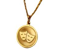 LKBEADS Collier pendentif pièce gravée masque comédie et tragédie 24 mm avec chaîne câble 45,7 cm | Argent sterling plaqué or | Bijou unisexe | LK_PNDN_0315