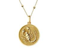 LKBEADS Collier pendentif pièce gravée signe du zodiaque Scorpion 24 mm avec chaîne câble 45 cm | Argent sterling plaqué or | Bijou unisexe | LK_PNDN_1983