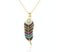 LKBEADS Collier pendentif plume en argent sterling 925 plaqué or avec breloque feuille multi-pierres 44 x 9 mm et chaîne câble de 45,7 cm (18 pouces). Bijou fait main | LK_SCA_0155