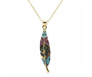 LKBEADS Collier pendentif plume en argent sterling 925 plaqué or avec breloque feuille multi-pierres 44 x 14 mm et chaîne câble de 45,7 cm (18 pouces). Bijou fait main |LK_SCA_0154