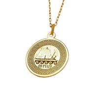 LKBEADS Collier pendentif représentant un navire grec en relief, en argent sterling 925 plaqué or, chaîne maille forçat de 45,7 cm (18 pouces), breloque ronde, bijou unisexe fait main | LK_EMBO_00652