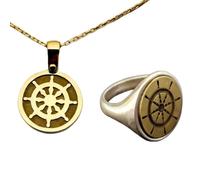 LKBEADS Collier pendentif roue de navire et bague chevalière | LK_PCOM_0510 | Pendentif en argent sterling 24 mm, plaqué argent et or, symbole de guidance et d'orientation. Ensemble de .
