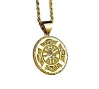 LKBEADS Croix de Malte des pompiers en argent massif 925 |LK_NLC_00330 | Collier pendentif disque rond de 22 mm plaqué or insigne de pompier chaîne câble de 45 cm (18 pouces)