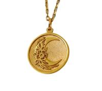 LKBEADS Pendentif floral en forme de croissant de lune | LK_NLC_01570 | Collier plaqué or avec médaillon rond gravé en forme de fleur de lune de 22 mm et chaîne forçat de 45 cm inspiration céleste