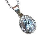 LKBEADS Pendentif ovale à facettes en aigue-marine naturelle blanche de 15 x 13 mm, collier ovale en argent sterling 925 avec chaîne en câble de 45 cm, apaisement, courage, chakra de la gorge,