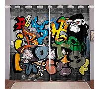 LKCD Lot De 2 Rideaux Occultants Alphabet Graffiti Coloré Hip Hop 264X240Cm - Rideau Occultant - Rideau Opaque avec Œillets - Double Rideaux Occultant - Rideau Fenetre