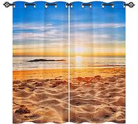 LKCD Rideau Occultant Thermiques Océan Tropical De Plage De Bord De Mer Jaune Bleu 234X230Cm 3D Impression Rideaux Salon Moderne Thermique Isolant Polyester Rideaux Chambre Cuisine Décoration